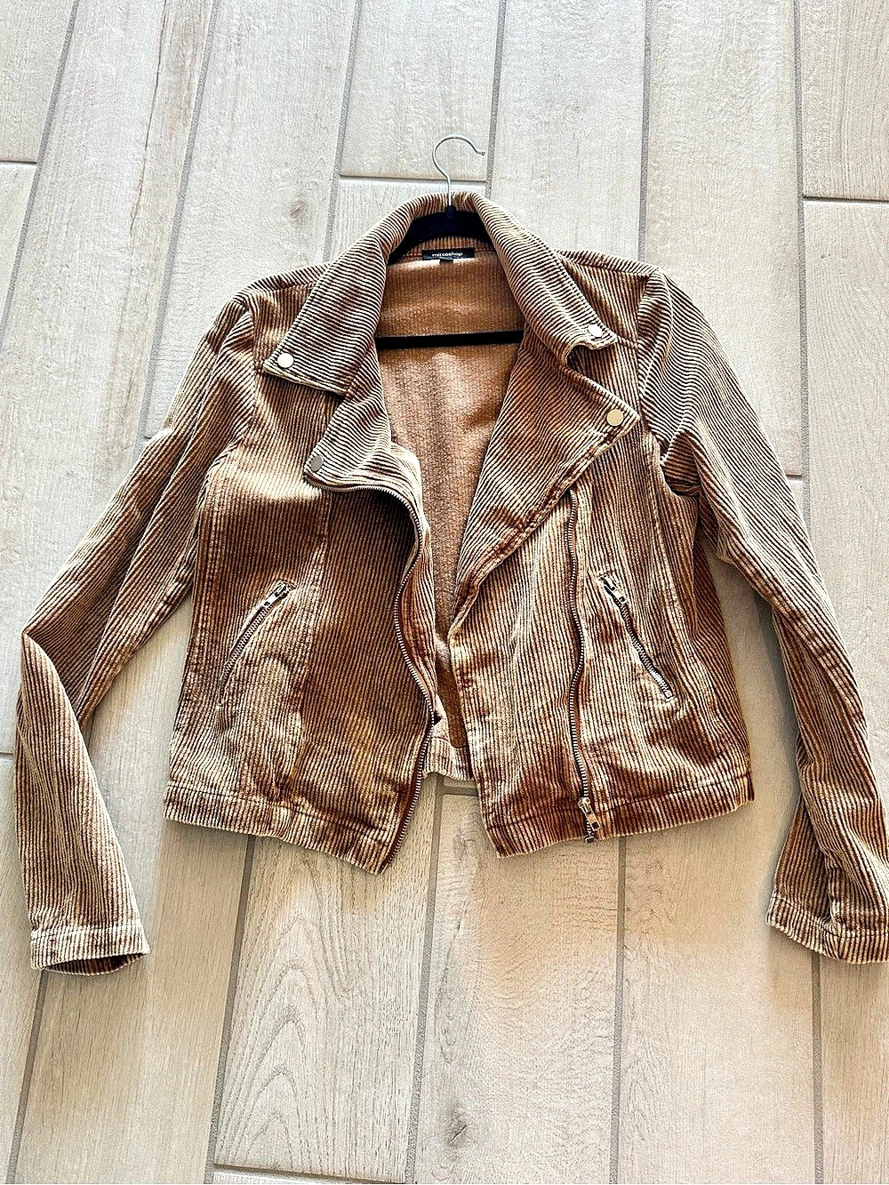 Mittoshop Corduroy Moto Jacket Small Tan Distressed Wash Biker Zip Fall Jacket